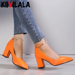 Orange Pearl Crystals Buckle Chain Pumps Women Shoes 7cm Chunky High Heel Pointed Toe Patent Leather Female Plus Size 31-46