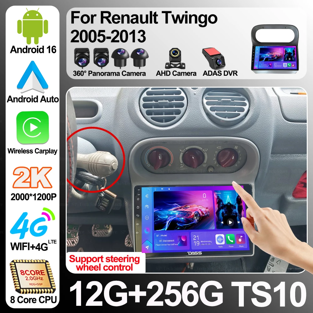 Rádio de Carro Android 16 para Renault Twingo 2005 2006 2007 2008 2009 2010 2012 2013, Reprodutor de Vídeo Multimídia com Navegação GPS e Carplay