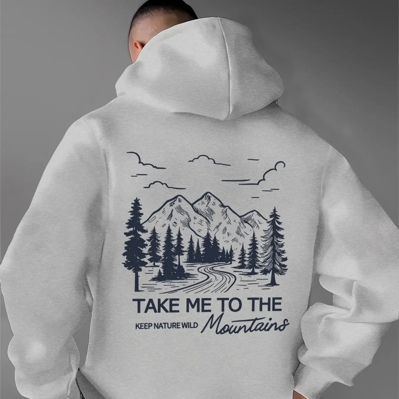 Take Me To The Mountains Forest Road Back Print Hoodie For Men Oversized Drawstring Daily Outdoor Adventure Pullover