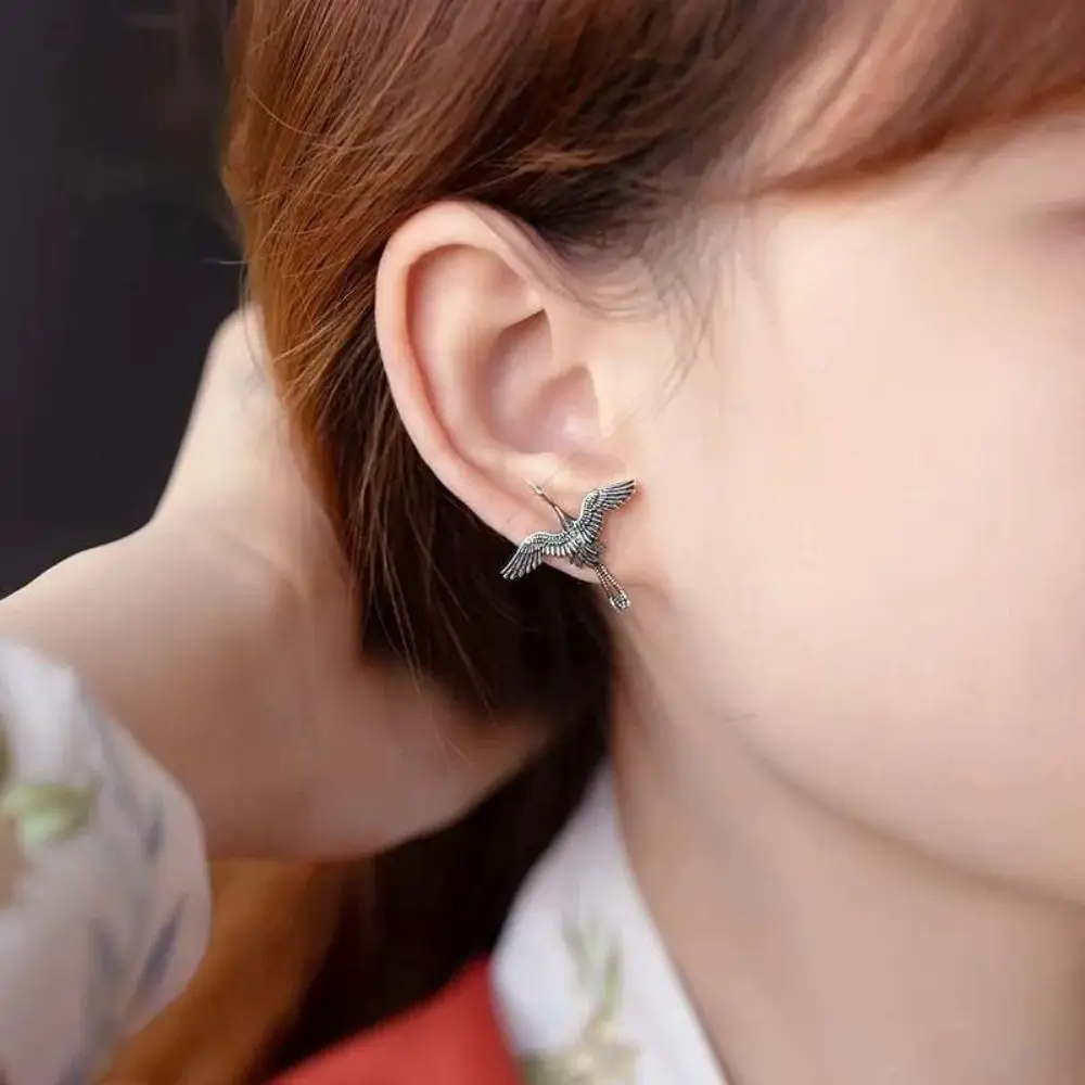 Trendy Copper Crane Stud Earrings Chinese Style Electroplate Vintage Earrings Retro Ear Studs Daily Life