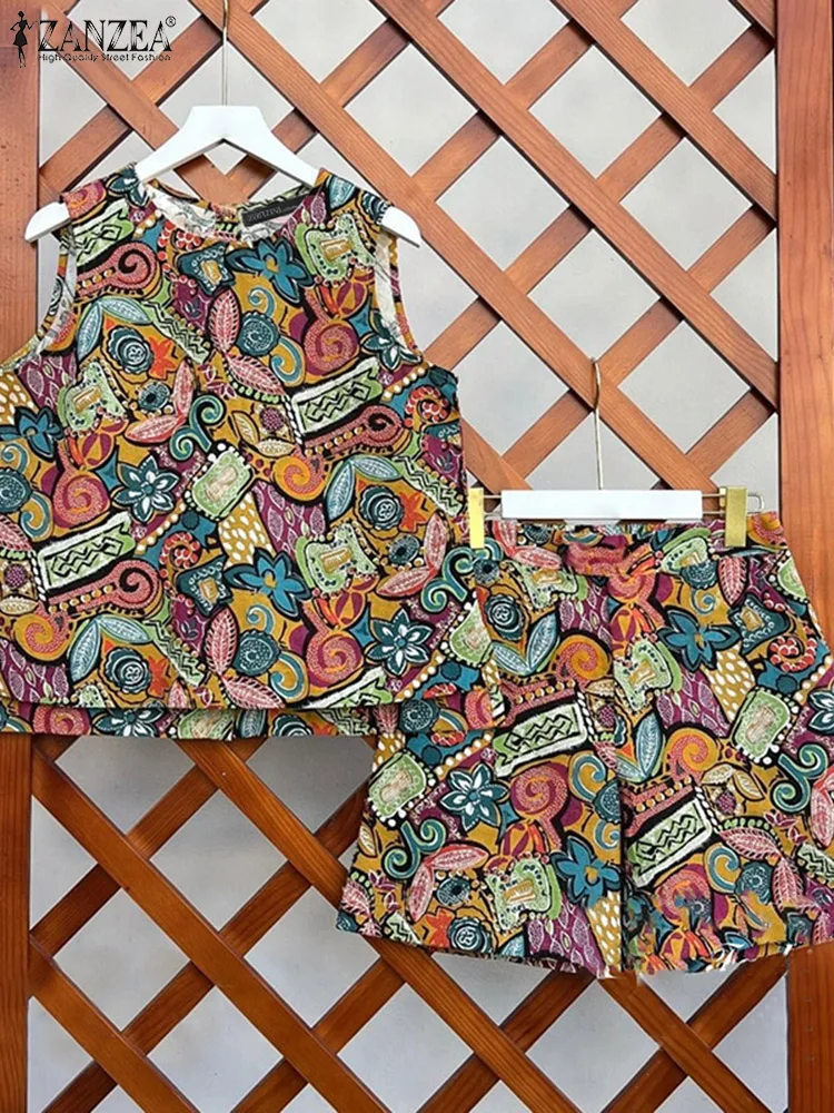 

ZANZEA Holiday Summer Elastic Waist Short Suits Women Printed Short Sets Fashion Sleeveless Tank Outfits Casual Loose 2pcs Suits