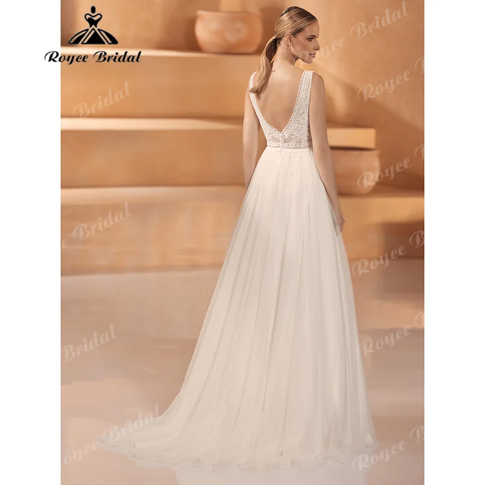 2027 Plunge V Crochet Lace Wedding Dress Sleeveless Low Back Soft Tulle A-Line Sweep Train Bohemian Vestido De Novia Customized