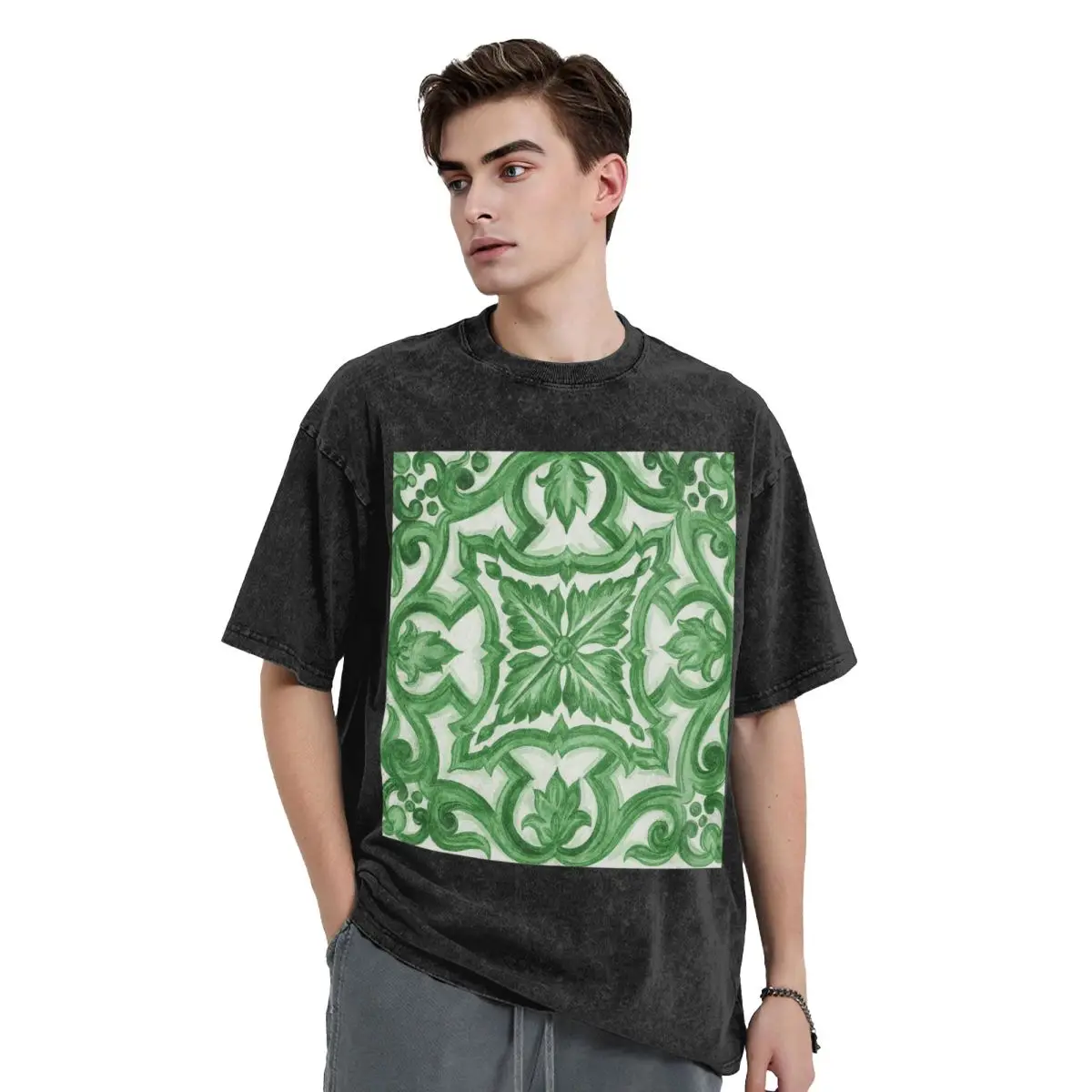 

Green Ornate Floral Mediterranean Sicilian Tile T Shirts Printed Short Sleeve Hip Hop T-Shirt Streetwear Tops Tees for Men Women