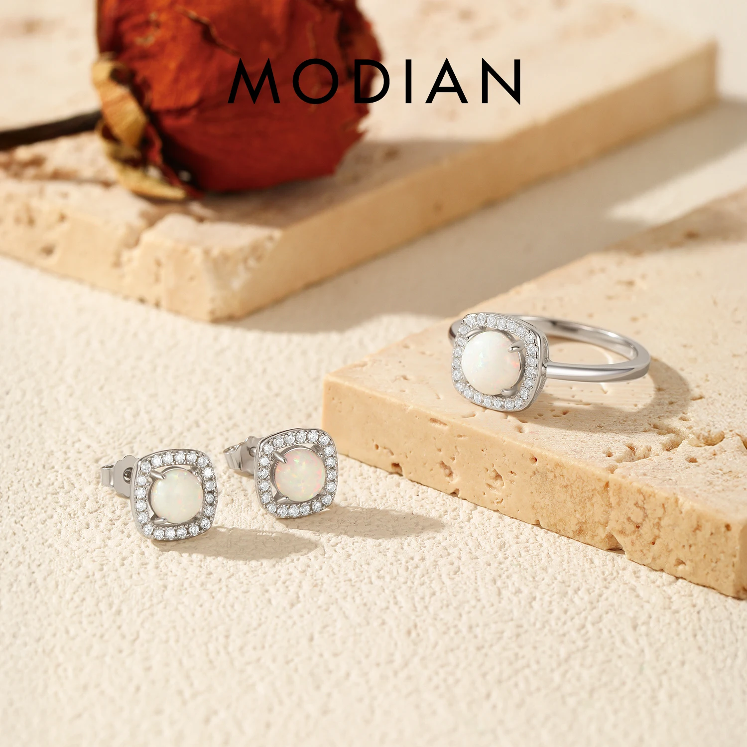 

MODIAN 925 Sterling Silver Luxury High-end Square Finger Rings Round Opal Stud Earrings For Women Fine Jewelry Sets