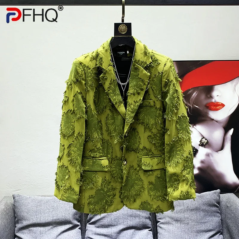 PFHQ Solid Color Long Sleeve Carving Burr Causal Blazers For Men Single Breasted Men's Coat 2023 Summer Fashion New Tide 21F3488