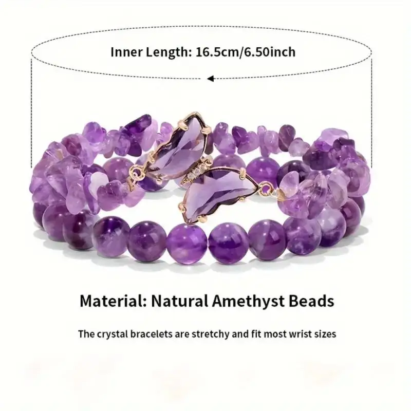 2pc Set Romantic Amethyst Obsidian Quartz Beaded Butterfly Bracelet Women Stretch Bangles Positive Energy Daily Commute