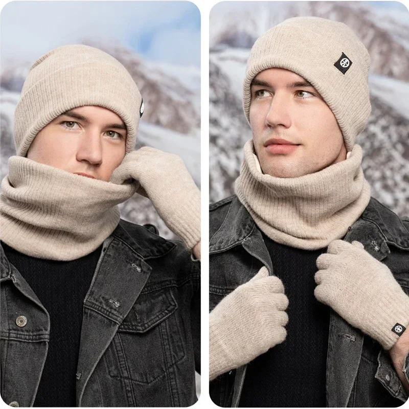 3pcs Women Winter Set Beanie Hat Gloves Snood Scarf  Skull Caps Fleece Lined Neck Scarves Winter Cap Snood Gloves Set for Men