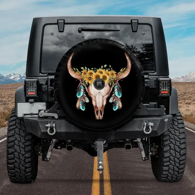 Spare Tire Cover, Boho Bull Skull Spare Tire Cover, Backup Camera Hole Tire Cover, Floral Cow Skull Car Accessories women, Boho