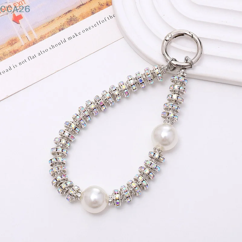 Light Luxury White Diamond Pearl Phone Chain Metal Keychain Bag Pendant Advanced Fashion Phone Anti-lost Chain Jewelry Girl Gift