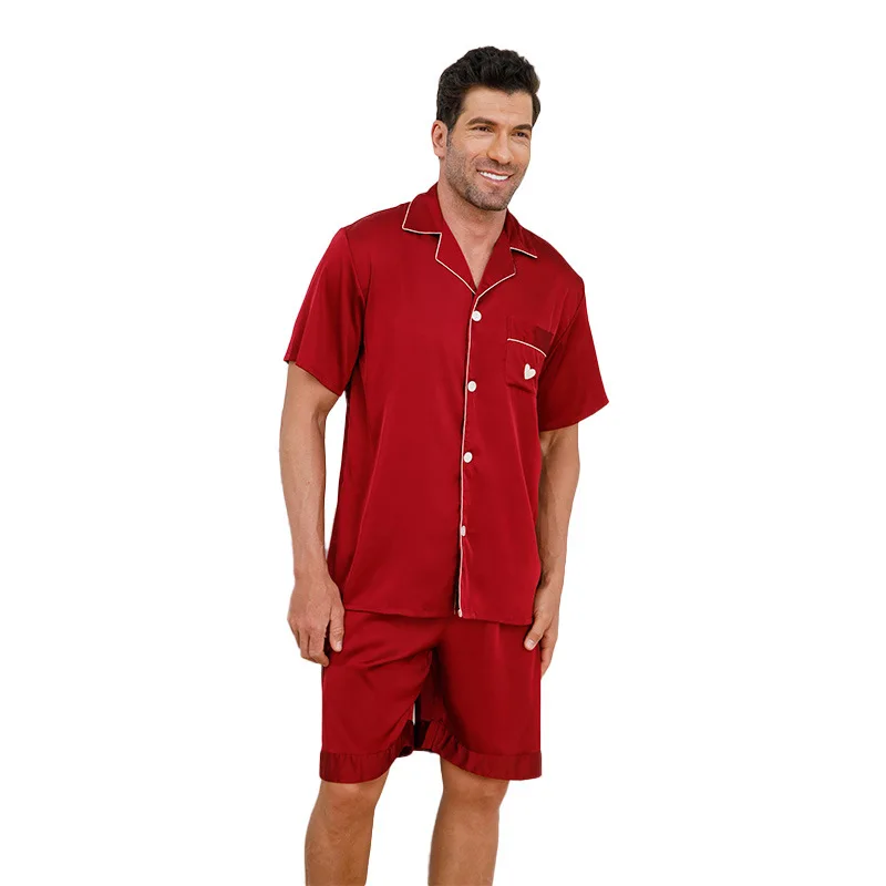 

Solid Lapel Pajamas Set Men New Sleepwear With Buttons 2pcs Shirt & pants Sleep Suit Summer Male Satin Short Sleeve Nightwear