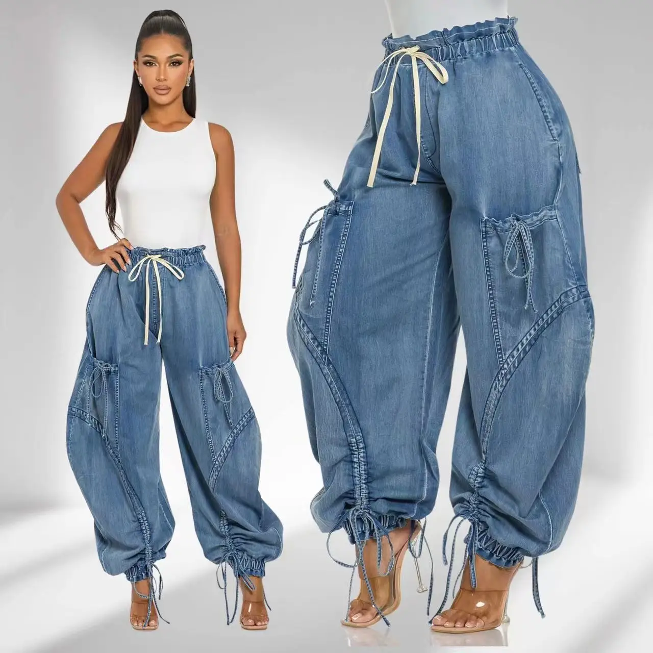

Jeans Women Denim Harem Pants Drawstring Lace Up Elastic Mid Waist 2025 Streetwear Washed Distressed Ankle Length Trousers