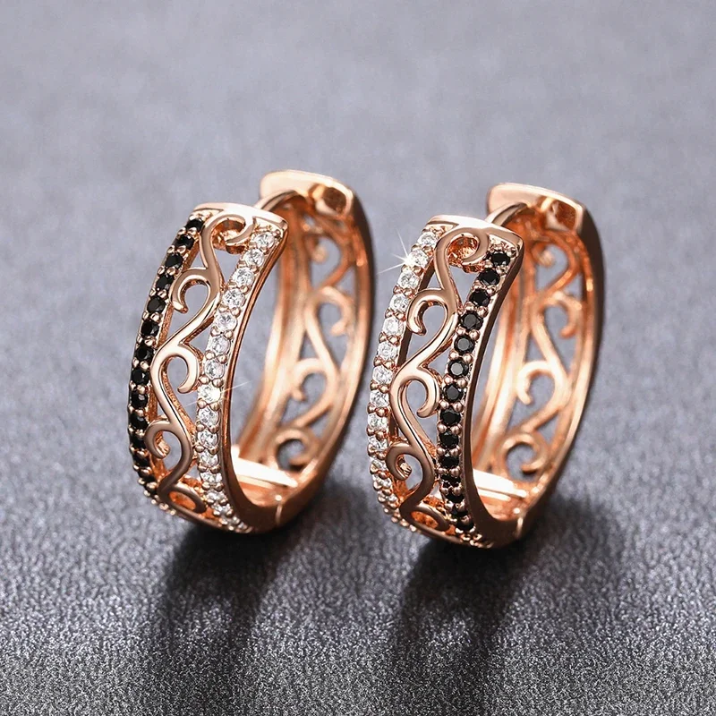 Huitan White/Black CZ Rose Gold Color Hoop Earrings for Women Hollow Out Pattern Aesthetic Female Earrings Wedding Trend Jewelry