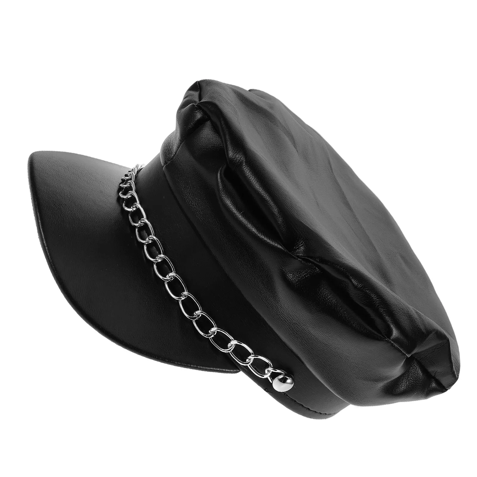Black PU Chain Sailor Hat Vintage Flat Top Short Brim Stylish Captain Hat Party Costume Newsboy Beret Bakerboy Fisherman Cabbie