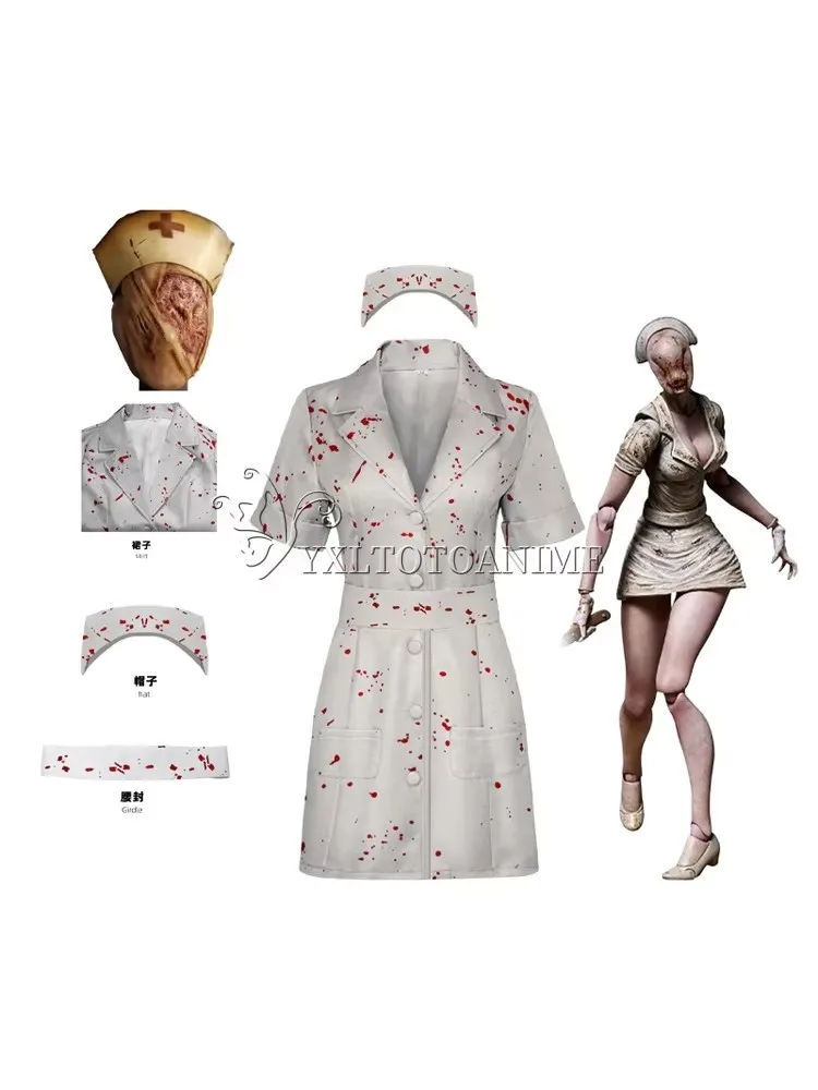 Movie Silent Hill Cosplay-Kostüm Krankenschwester Weißer Blutfleckiger Gürtel Hut und Maske Uniform Halloween-Kostüm Halloween-Kleid für Damen