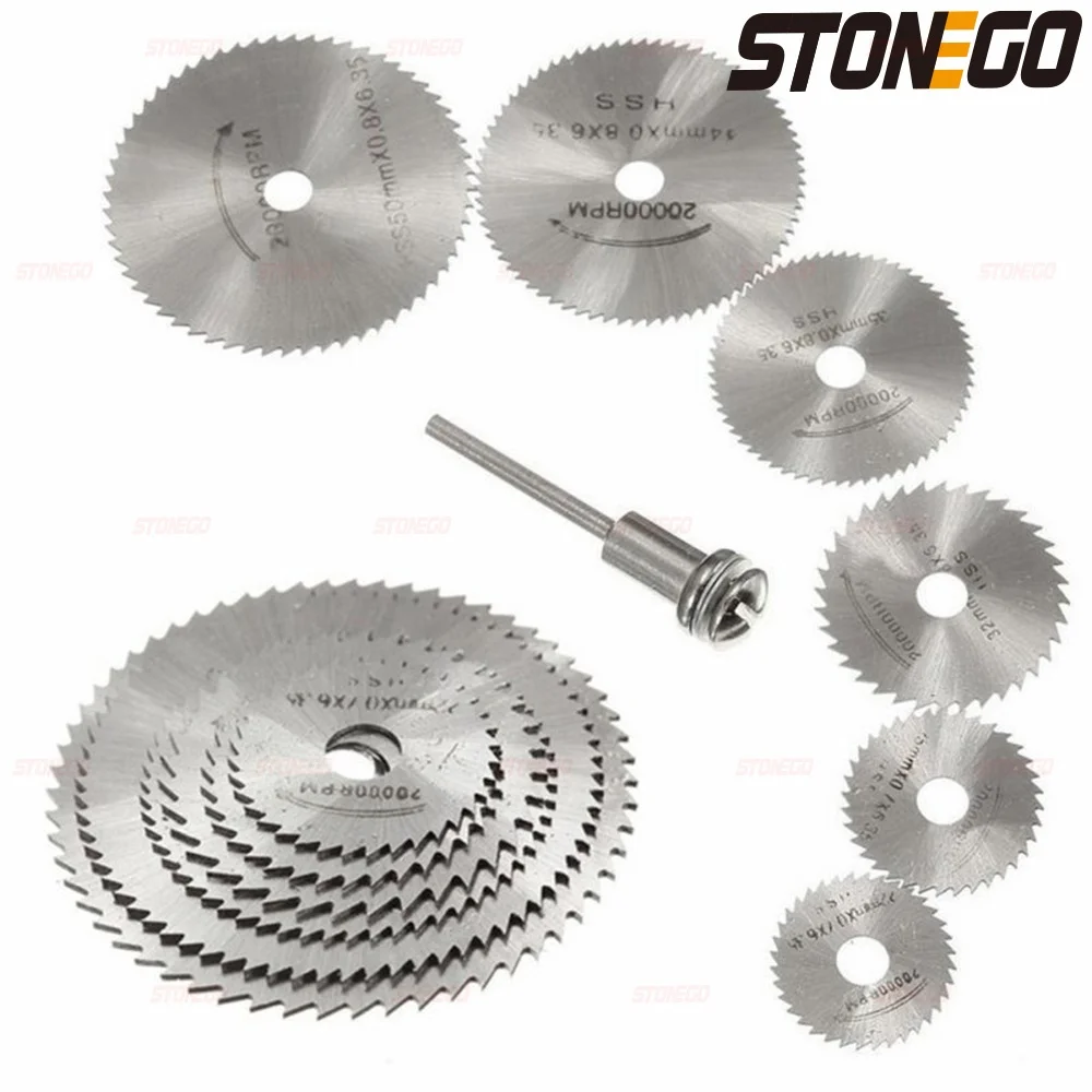 STONEGO 7 Pçs/set 3.2mm/6.0mm Haste HSS Ferramentas Rotativas Lâminas de Serra Circular Discos de Corte com Mandril Cortado Mini Lâmina de Serra