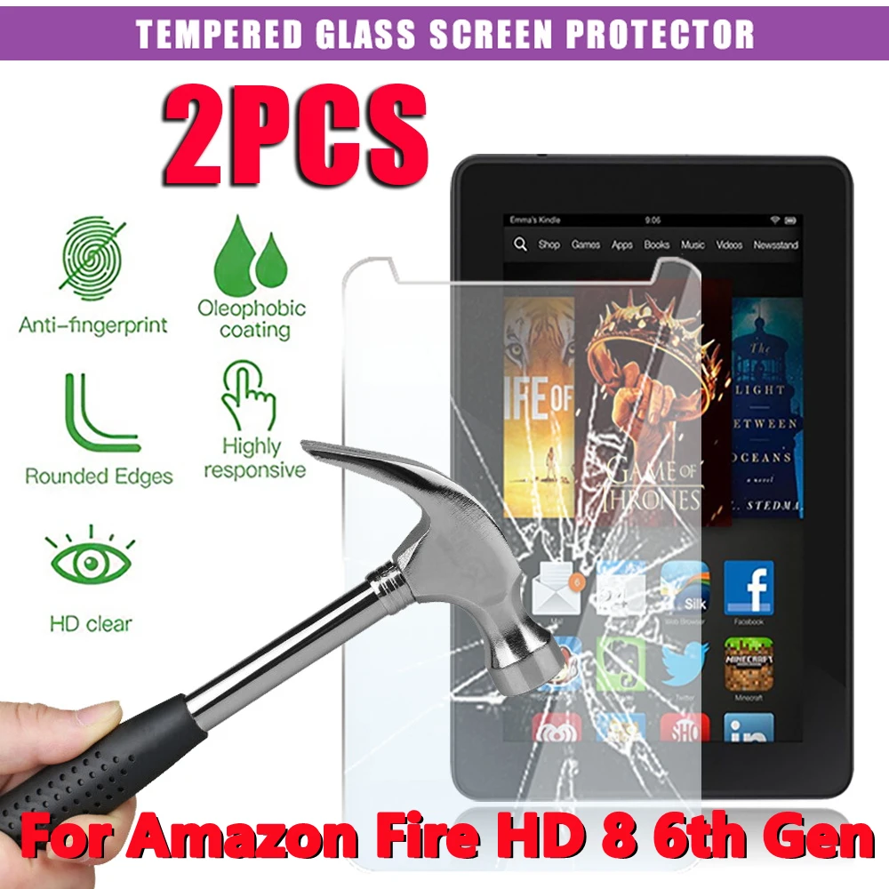 

2Pcs Tempered Glass for Amazon Fire HD 8 2016 Screen Protective Film 9H 0.3mm Anti-Scratch Hardness Tablet Tempered Glass Film