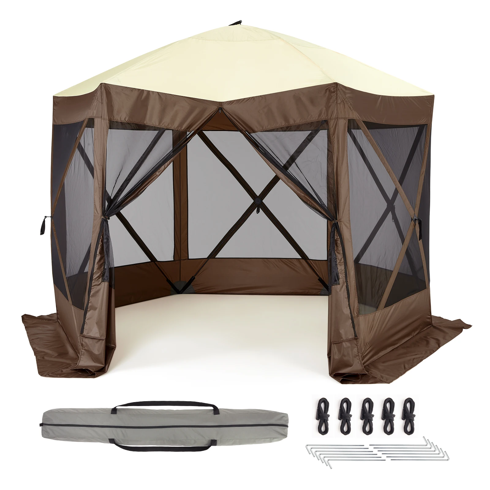 10x10ft Camping Gazebo, Portable Pop Up Canopy Screen Tent 6 Sided with Mesh Windows and Carry Bag for Camping, Outdoor, Picnic