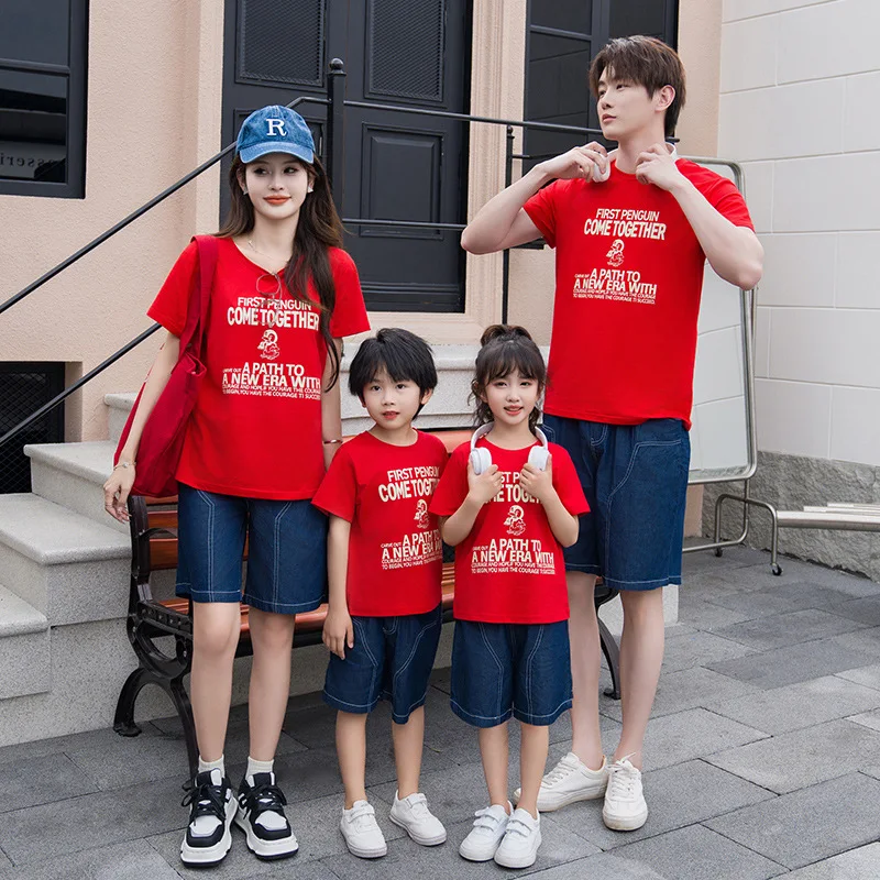 Dad and Daughter T Shirt Mom and Son Matching Tee Shirts Summer Family Clothes Father Mother Baby Top and Denim Shorts Outfits