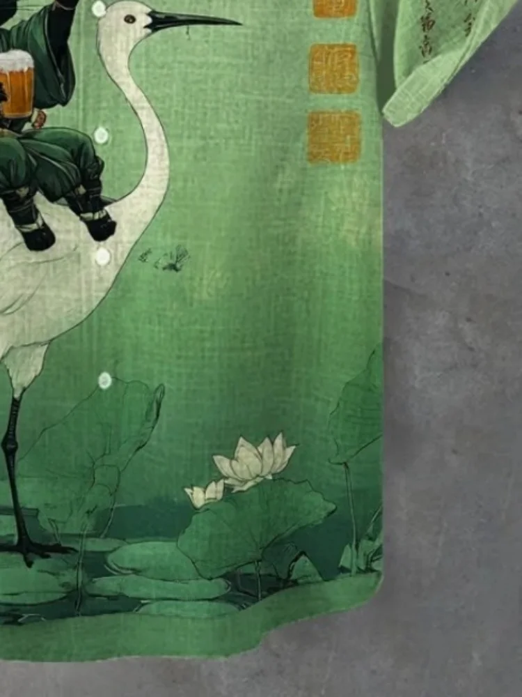 Men's Retro Calligraphy Art Black Cat And Crane Print Short Sleeve Shirt Vintage Harajuku Green Blouse Fashion Lapel Collar Tops