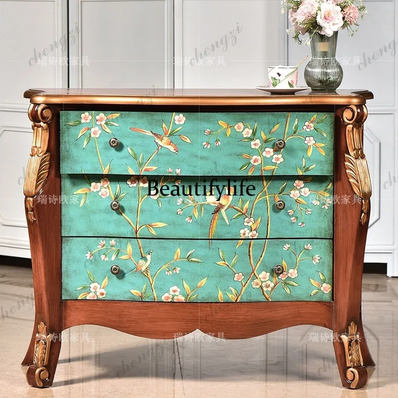 American country painted solid wood three-bucket cabinet, living room entrance entrance, locker drawer storage, sofa side