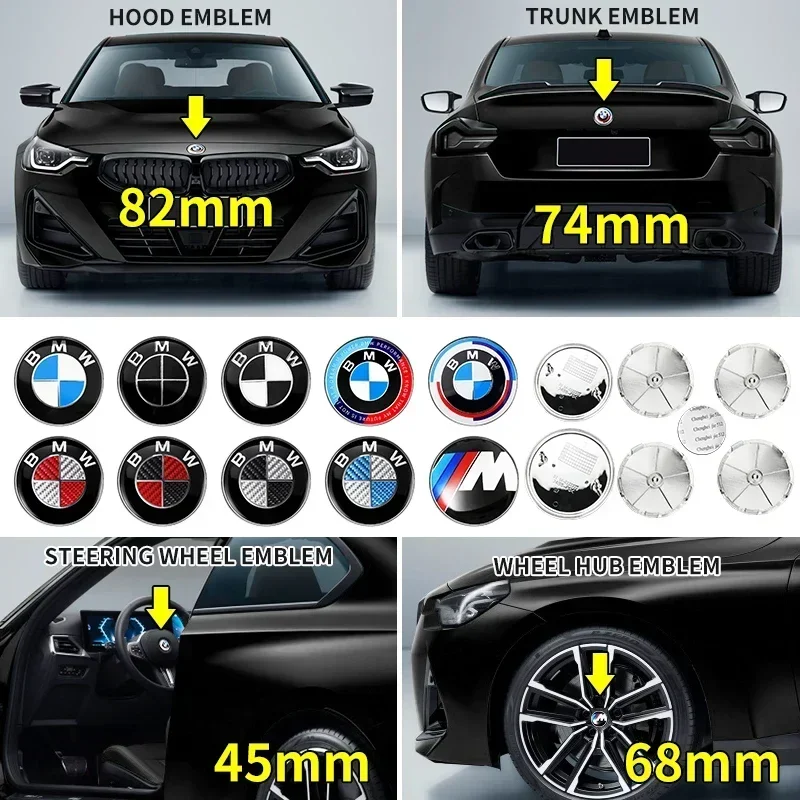 

7pcs Front Hood Emblem Car 50th Anniversary Logo 82mm+Rear Badge 74mm+Wheel Hub Cap 68mm Decoration Cover Styling for BMW M