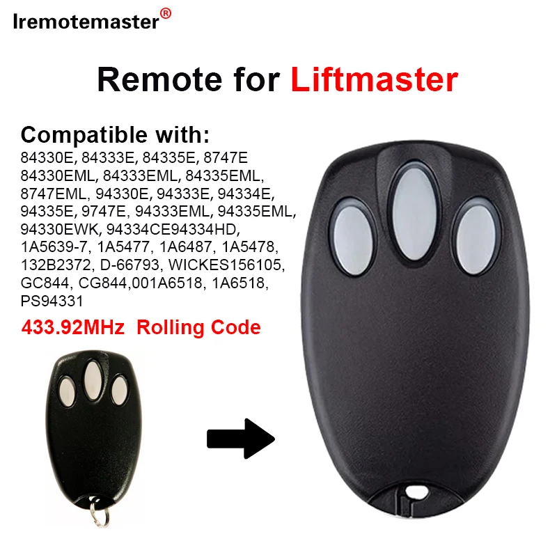 For LiftMaster 94335E 84335E 94335EML 84335EML Garage Door Remote Control 433.92MHz Rolling Code