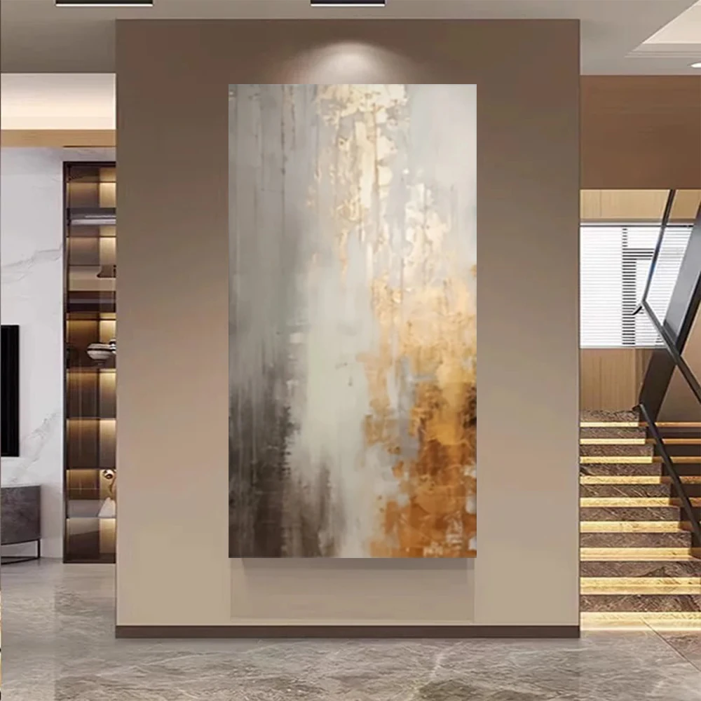 1pc Frameless Canvas Painting Hand Drawn Abstract Original Wall Art Picture Top Gray Gold Foil Texture Mural For Home Room Decor
