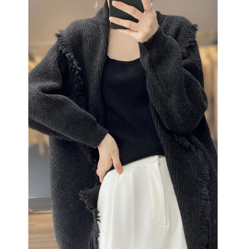 Fall/winter cashmere lapel tassels 100% pure wool cardigan women's long loose casual shawl coat Korean fashion.