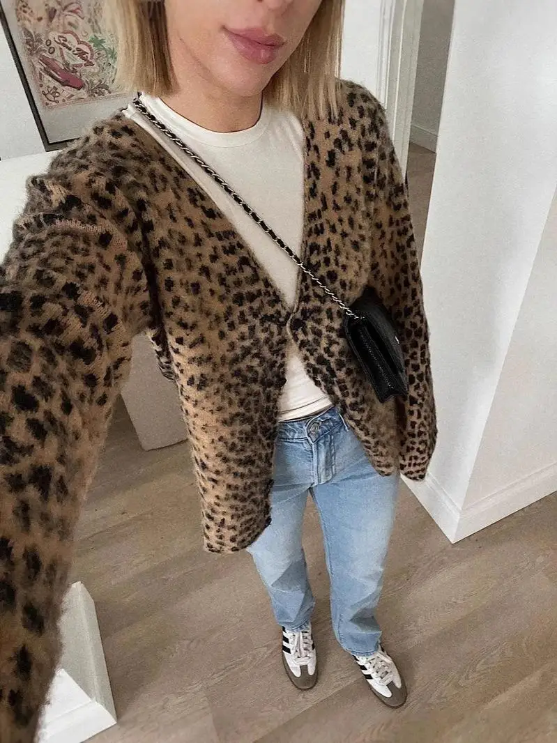 Europese en Amerikaanse hot girl zachte mohair luipaardprint trui gebreid vest met V-hals voor dames