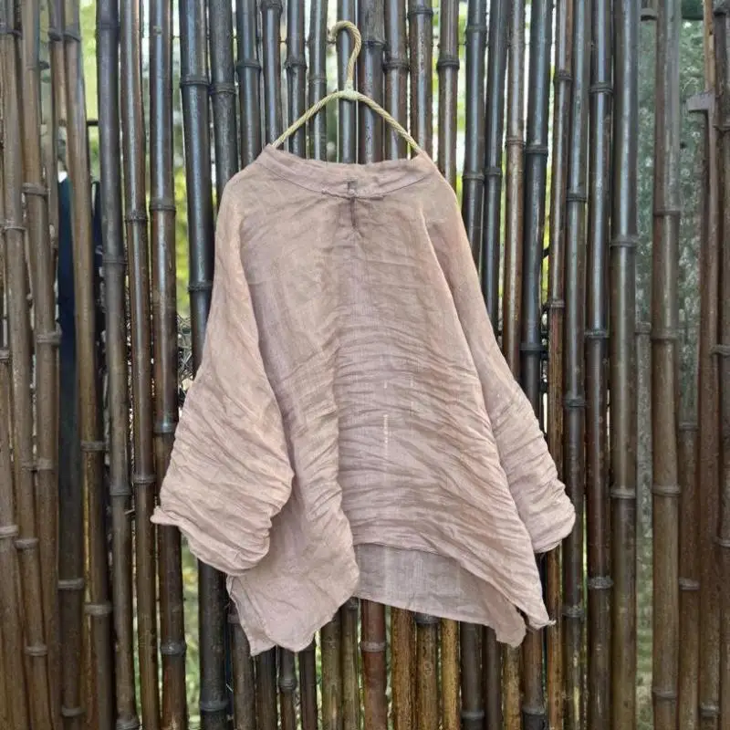 

New Arrival 2025 Spring Summer Women Long Sleeve Stand Collar Loose Shirt High Quality Thin Ramie Casual Blouse Female Tops B427