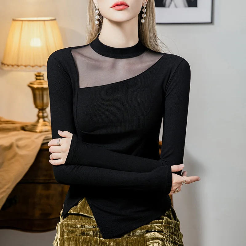 Boweylun Mezza dolcevita Maglia con giunture sul fondo Camicia da donna Primavera e autunno T-shirt a maniche lunghe filettata sottile Donna