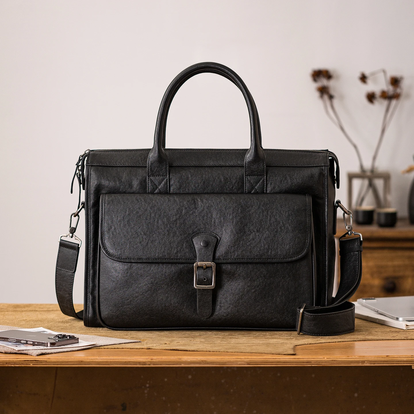 fashion designer luxury handmade first layer leather men's black briefcase business casual genuine leather work laptop handbag