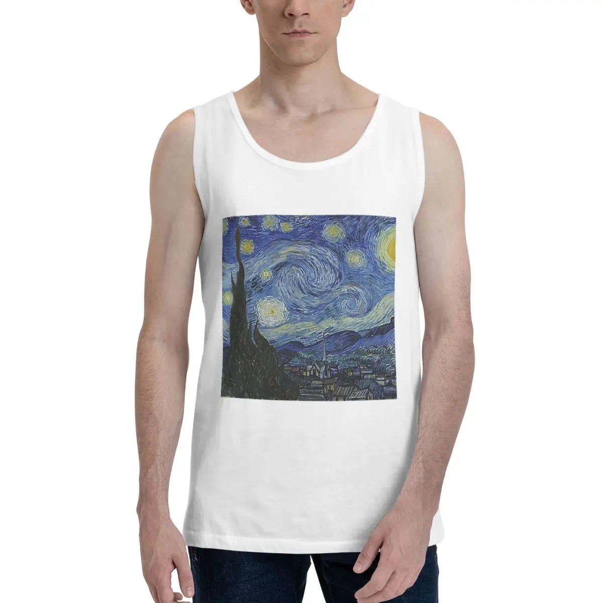 Starry Night (Vincent Van Gogh) 100% Cotton Men's Sweatshirt Vest Sleeveless Clothing Tees Men Tank Tops T-shirt