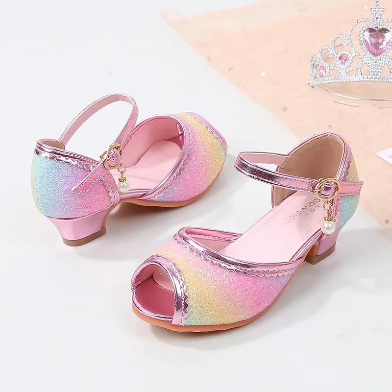 2025 New Girls Princess Sandals Spring Summer Glitter Fashion Kids Dress Shoe Rainbow Sequins Children Party Wedding High Heels