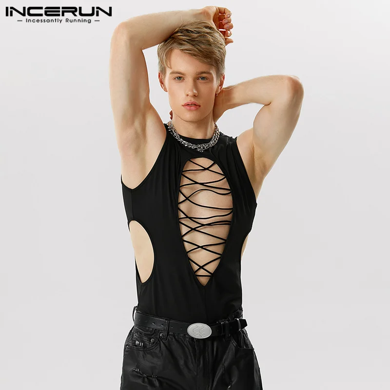 2023 Men Bodysuits Solid Color Hollow Out Sexy O-neck Sleeveless Male Rompers Tank Tops Backless Summer Fashion Bodysuit INCERUN