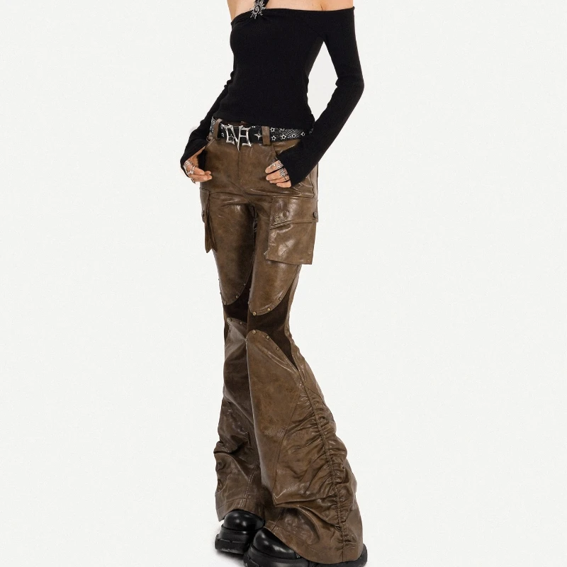 European American Retro PU Leather Women's Long Pants Autumn Sweet Cool Hot Girl Coffee Color Splicing Flared Overalls Ladies