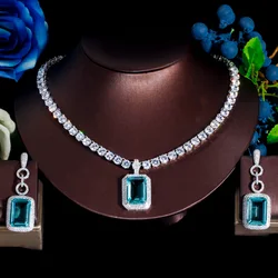 ThreeGraces Fashion Light Blue Cubic Zirconia Long Big Rectangle Dangle Earrings and Necklace Set for Women Party Jewelry TZ742