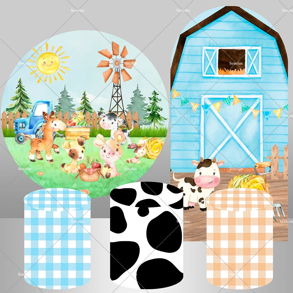 

Farm theme Boy Birthday Circle Round Backdrop Cover Truck Barn House Arched Wall Chiara Background Cow Print Cylinder Covers