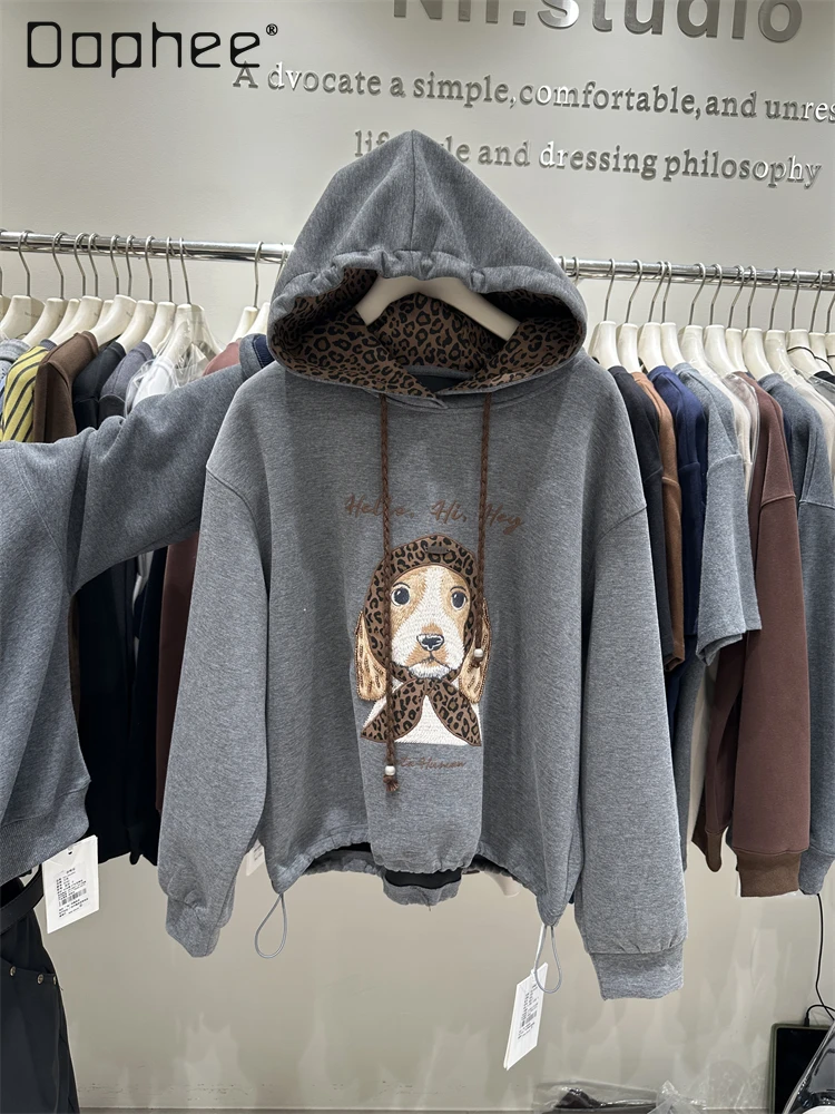 

Весенне-осеннее женское короткое пальто, свободная толстовка с капюшоном и тяжелой вышивкой для щенков, кавайная одежда