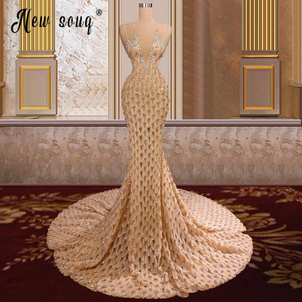 

Gorgeous Crystals Rhinestone Mermaid Long Evening Dress Dubai 2022 Newest Beaded Champagne Formal Prom Gowns Party Robes