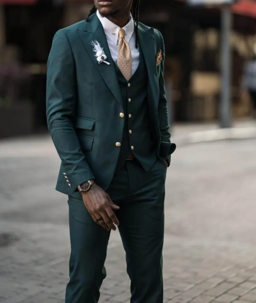 

Slim-fit Green Summer Wedding Suit For Men Double Pockets Peak Lapel Male Blazer Sets 3-Piece Jacket+Pants+Vest Costume Homme