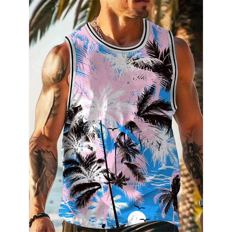 Colorful Coconut Tree Fish Pattern Tank Tops For Men Funny Animals Plants 3D Printed Tees Summer Loose Street O-Neck Vest Tops