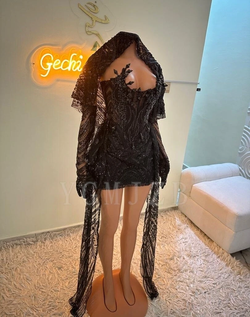 Black Rhinestone Short Prom Dress Mermaid Bead with Gloves Headscarf Mini Homecoming Cocktail Birthday Dress Luxury Blackgirl