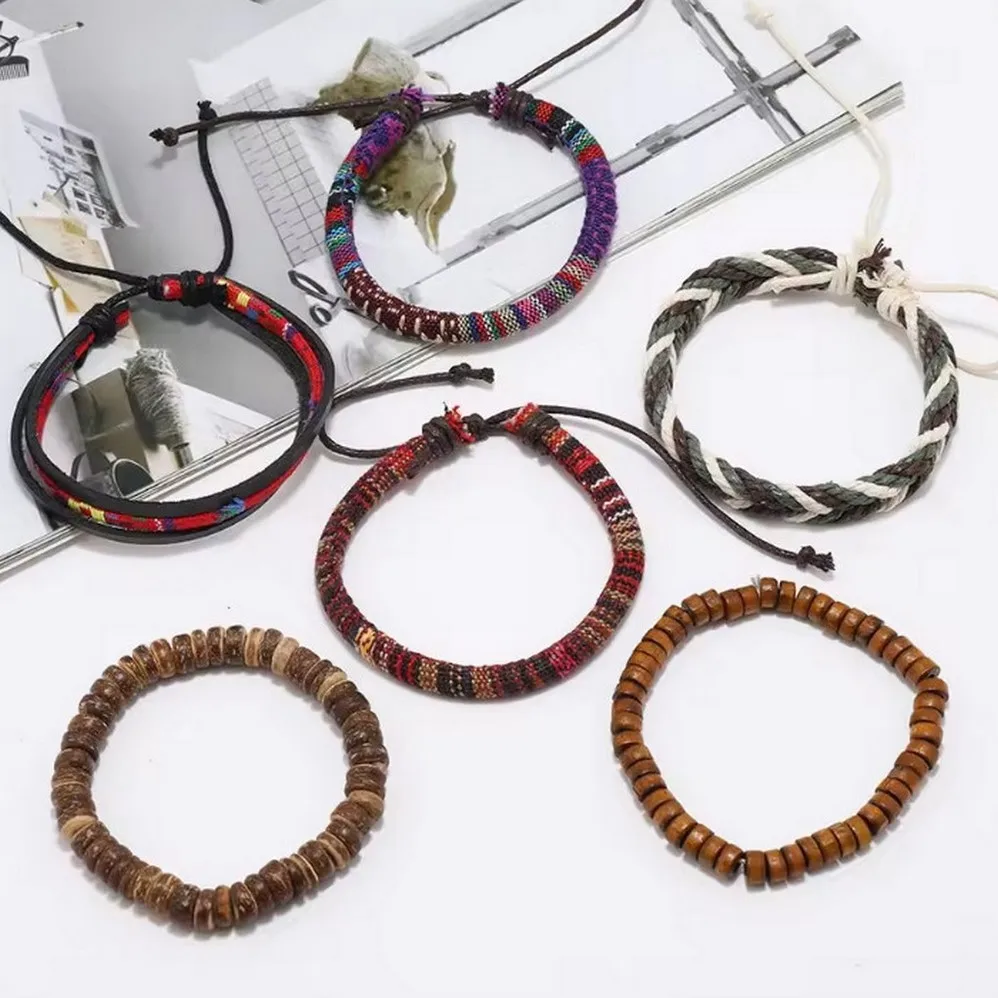 6-قطعة/المجموعة سوار البوهيمي المنسوجة يدويا سوار حبل العرقية نمط ملون خشبي حبة سوار للنساء الرجال للجنسين مجوهرات جديد #5