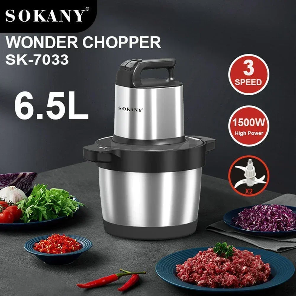 Chopper elétrico do alimento para a cozinha, processador de alimentos, 6.5l, 1500W, moedor de carne, vegetal, cebola, alho, salada, comida de bebê, nozes