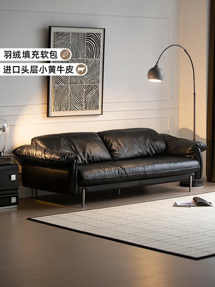 

Medieval style leather sofa living room minimalist black straight row sofa top layer cowhide retro light luxury leather art sofa