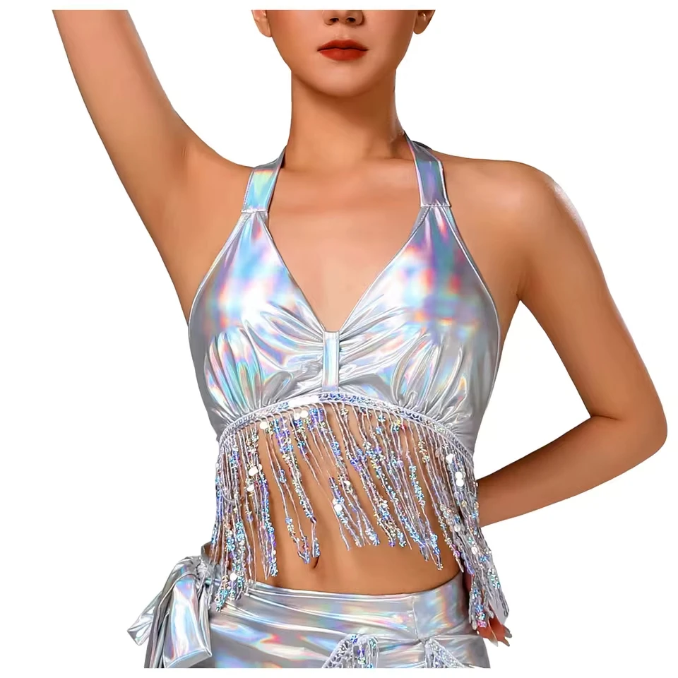

Womens Metallic Shiny Tight Fitting Vest Top Halter Tassels Hem Bra Carnival Party Sexy Underwear Top Sexy Vest Hot Tube Top