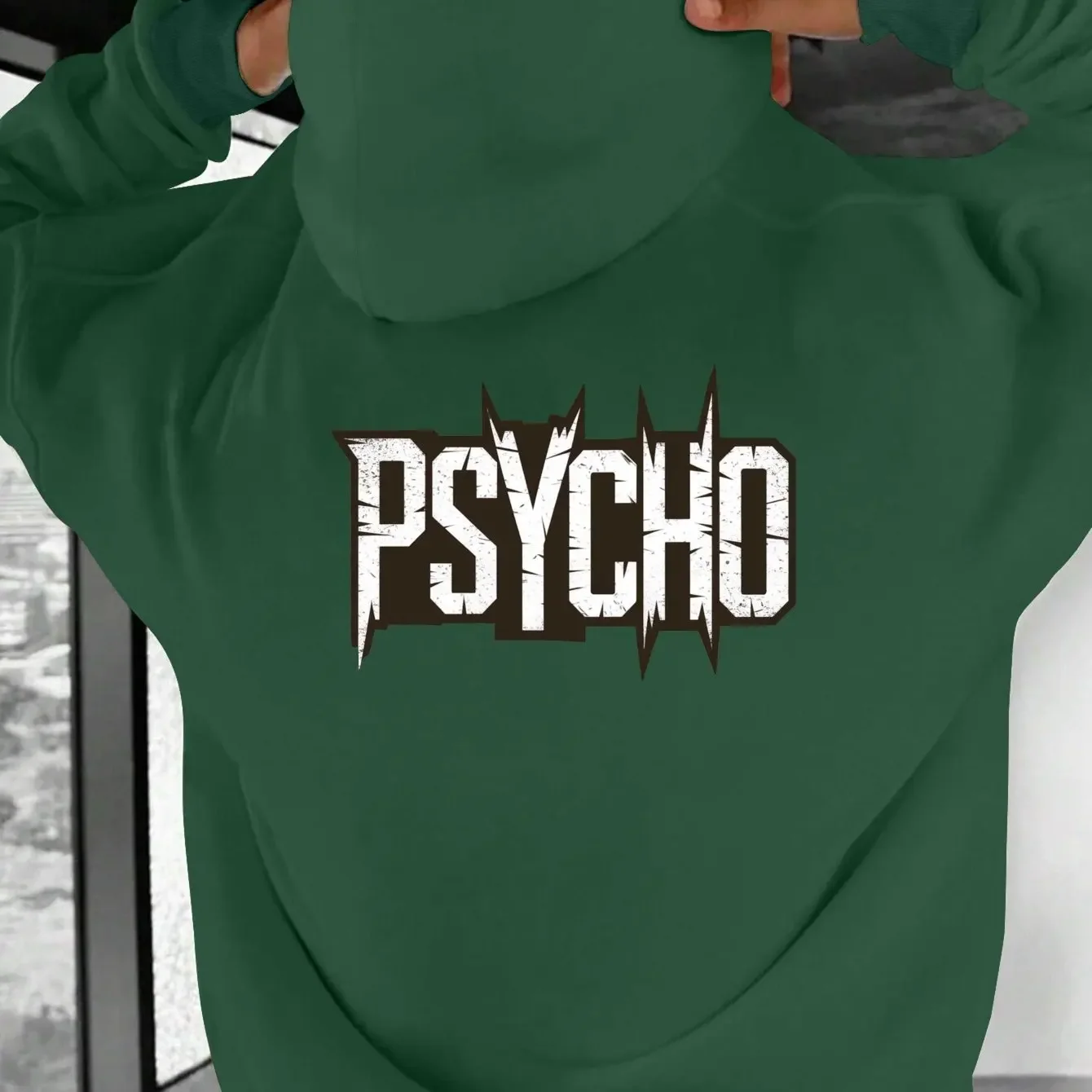 Distressed Sharp Psycho Letter Graphic Back Print Hoodie Punk Rock Street‑style Oversized Unisex Hooded Pullover