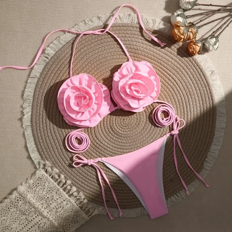 

New Style Sexy 3D Flower Lace Trangle Thong Two -Piece Bikinis Set for Women Summer Swimewear Beachwear Biqunis Mujer Resort