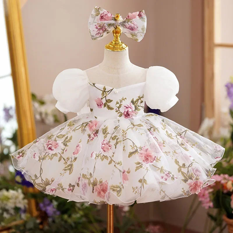 Children's Birthday Christening Dress Elegant Prom Printed Tulle Girls Evening Dress Violin Piano Performance Host Costumes